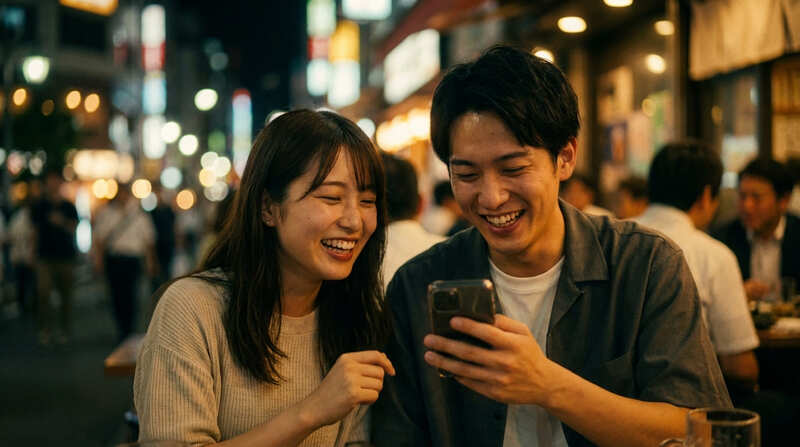 スマホを見て笑顔を見せる女性のイメージ