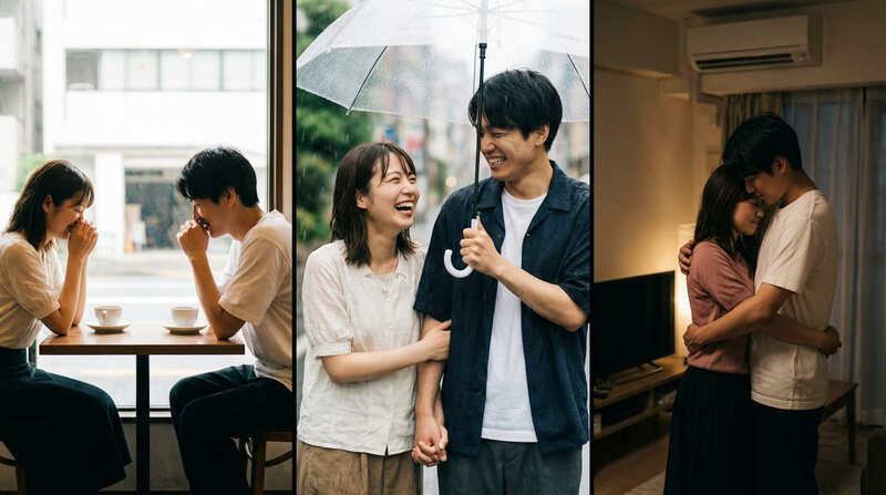 初対面から親密な関係へ進展する流れを表した男女のイメージ