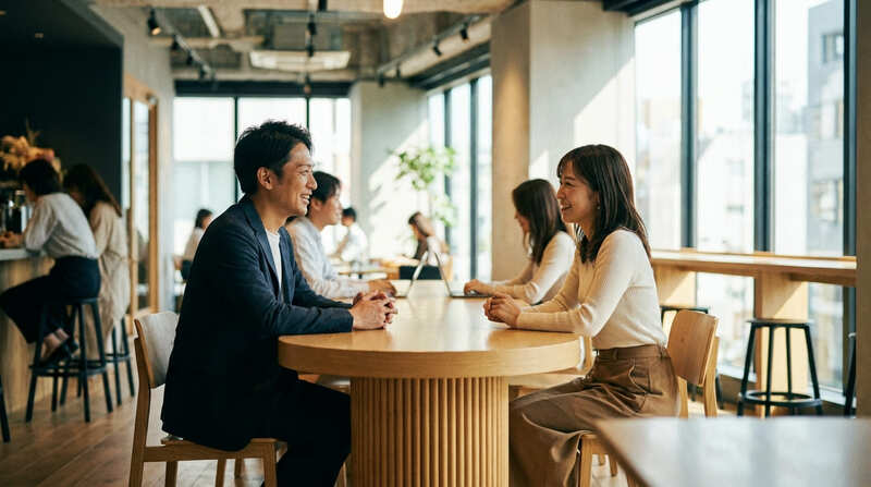 落ち着いたカフェで向かい合って話す男女のイメージ